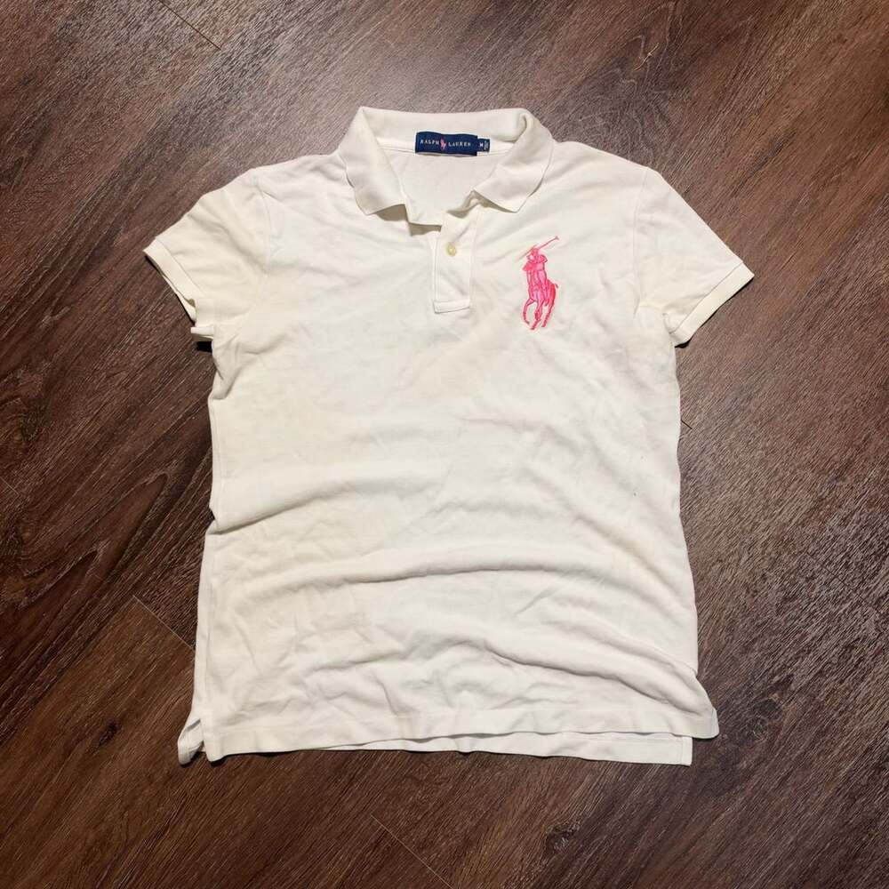 Polo Ralph Lauren White Polo Shirt with Big Pink Pony Logo Size M Womens